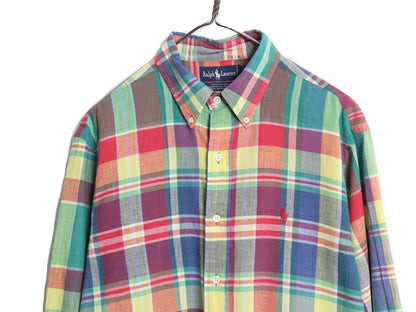 90s ラルフローレン チェック 長袖 ボタンダウン シャツ メンズ XL オールド ポロ 手織り マドラス 長袖シャツ 薄手 コットン 大きいサイズ
