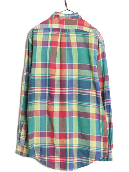 90s ラルフローレン チェック 長袖 ボタンダウン シャツ メンズ XL オールド ポロ 手織り マドラス 長袖シャツ 薄手 コットン 大きいサイズ