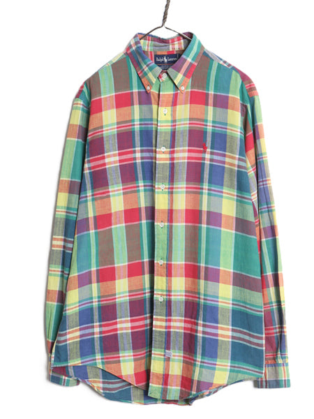 90s ラルフローレン チェック 長袖 ボタンダウン シャツ メンズ XL オールド ポロ 手織り マドラス 長袖シャツ 薄手 コットン 大きいサイズ
