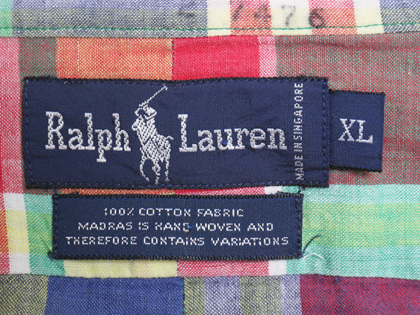 90s ラルフローレン チェック 長袖 ボタンダウン シャツ メンズ XL オールド ポロ 手織り マドラス 長袖シャツ 薄手 コットン 大きいサイズ