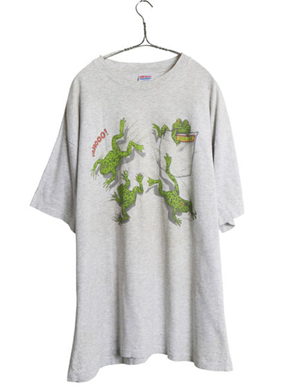 90s USA製 カエル イラスト プリント 半袖 Tシャツ メンズ XXL オールド シングルステッチ グラフィック アニマル 大きいサイズ 霜降り 灰