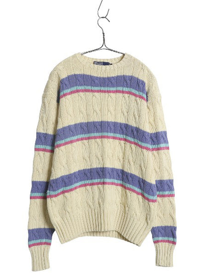 90s ポロ ラルフローレン ボーダー コットン ケーブル ニット セーター メンズ レディース M / 古着 オールド クルーネック マルチカラー