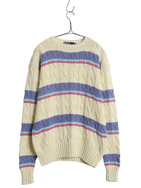 90s ポロ ラルフローレン ボーダー コットン ケーブル ニット セーター メンズ レディース M / 古着 オールド クルーネック マルチカラー
