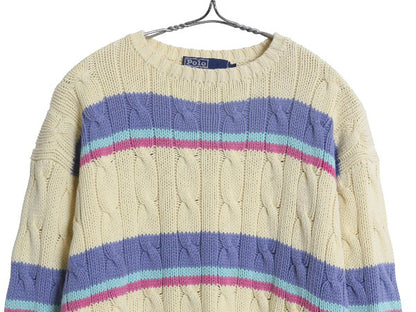 90s ポロ ラルフローレン ボーダー コットン ケーブル ニット セーター メンズ レディース M / 古着 オールド クルーネック マルチカラー