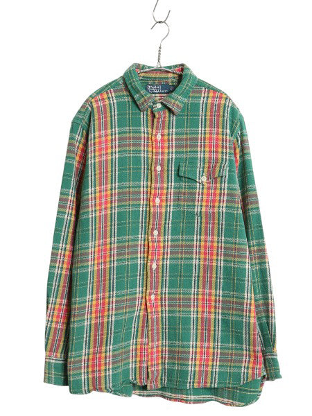 90s ポロ ラルフローレン チェック 長袖 ヘビー フランネル シャツ メンズ L / オールド 長袖シャツ ネルシャツ ヘビーウェイト コットン