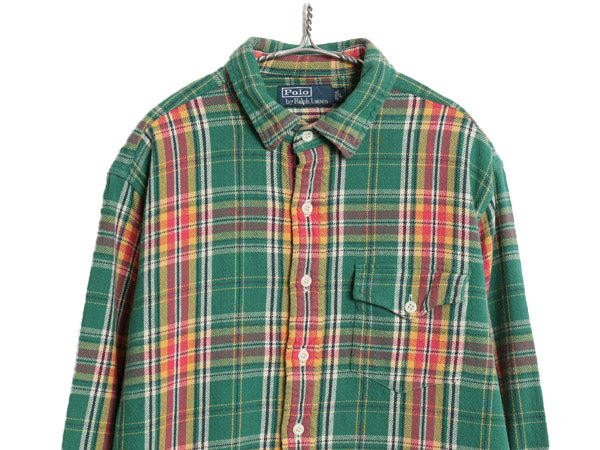 90s ポロ ラルフローレン チェック 長袖 ヘビー フランネル シャツ メンズ L / オールド 長袖シャツ ネルシャツ ヘビーウェイト コットン