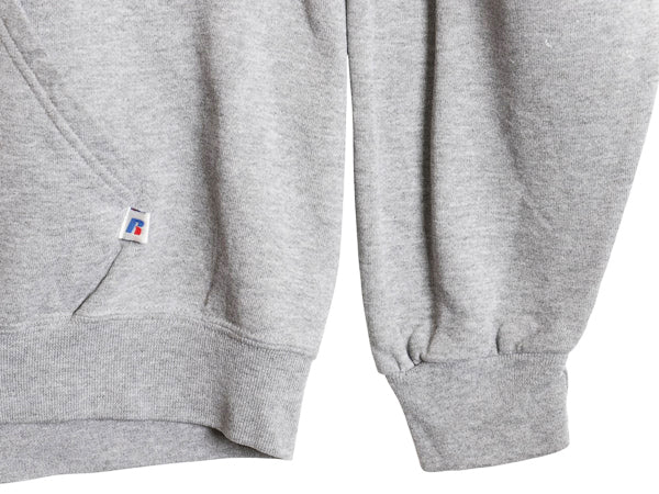 00s ラッセル カレッジ プリント スウェット フード パーカー メンズ レディース L オールド トレーナー 裏起毛 プルオーバー シンプル 灰