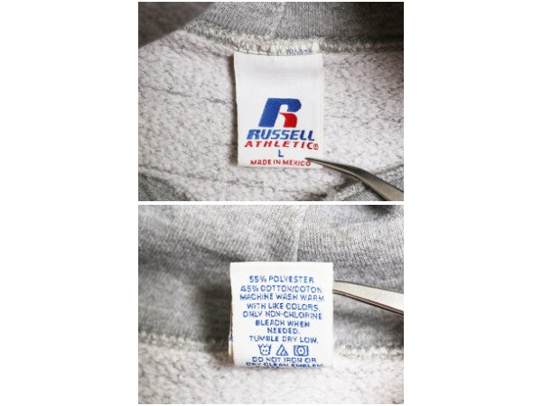 00s ラッセル カレッジ プリント スウェット フード パーカー メンズ レディース L オールド トレーナー 裏起毛 プルオーバー シンプル 灰