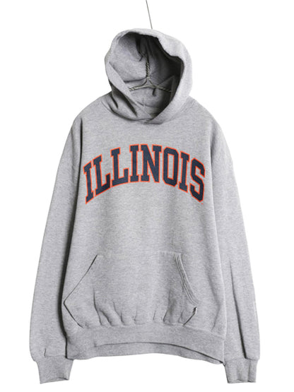 00s ラッセル カレッジ プリント スウェット フード パーカー メンズ レディース L オールド トレーナー 裏起毛 プルオーバー シンプル 灰