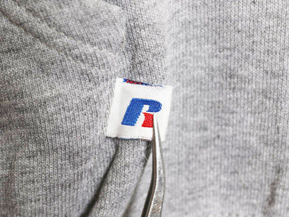 00s ラッセル カレッジ プリント スウェット フード パーカー メンズ レディース L オールド トレーナー 裏起毛 プルオーバー シンプル 灰