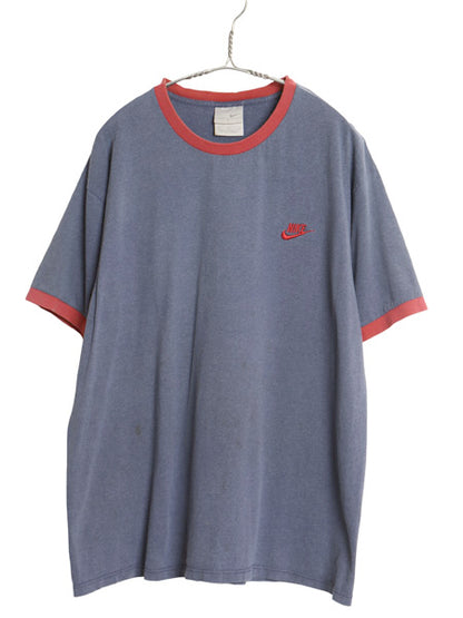 00s ナイキ スモール スウッシュ 刺繍 リンガー Tシャツ メンズ L / オールド ワンポイント ヘビーウェイト コットン カットソー ツートン