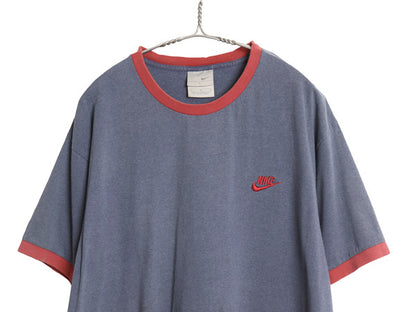 00s ナイキ スモール スウッシュ 刺繍 リンガー Tシャツ メンズ L / オールド ワンポイント ヘビーウェイト コットン カットソー ツートン