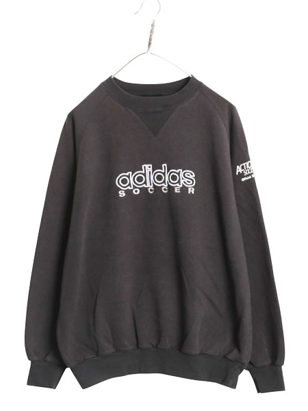 90s アディダス ロゴ 刺繍 スウェット メンズ レディース M オールド トレーナー 前V 裏起毛 サッカー クルーネック ブラック 薄手 企業