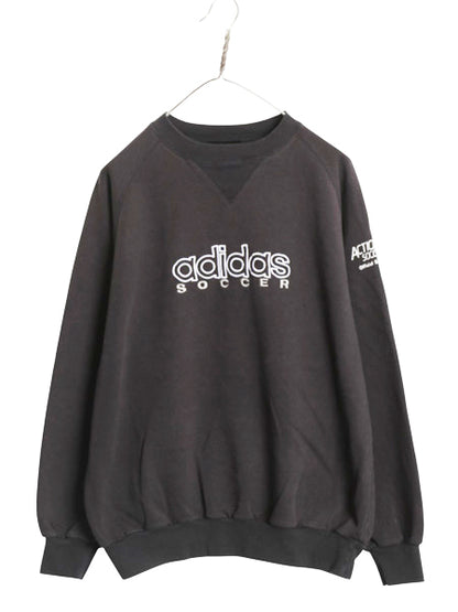 90s アディダス ロゴ 刺繍 スウェット メンズ レディース M オールド トレーナー 前V 裏起毛 サッカー クルーネック ブラック 薄手 企業