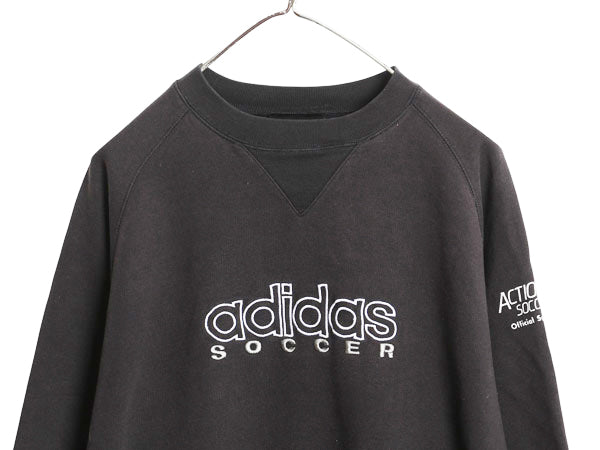 90s アディダス ロゴ 刺繍 スウェット メンズ レディース M オールド トレーナー 前V 裏起毛 サッカー クルーネック ブラック 薄手 企業