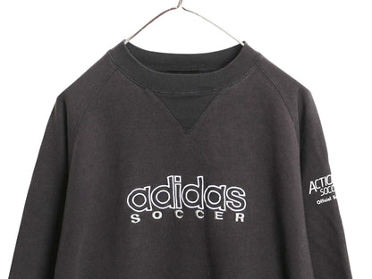 90s アディダス ロゴ 刺繍 スウェット メンズ レディース M オールド トレーナー 前V 裏起毛 サッカー クルーネック ブラック 薄手 企業