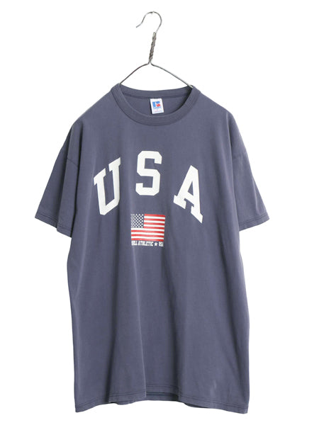 90s USA製 ラッセル 星条旗 プリント Tシャツ メンズ L 古着 オールド グラフィック ロゴ ヘビーウェイト コットン カットソー シンプル 紺