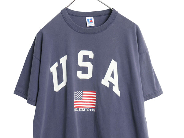 90s USA製 ラッセル 星条旗 プリント Tシャツ メンズ L 古着 オールド グラフィック ロゴ ヘビーウェイト コットン カットソー シンプル 紺