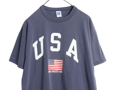 90s USA製 ラッセル 星条旗 プリント Tシャツ メンズ L 古着 オールド グラフィック ロゴ ヘビーウェイト コットン カットソー シンプル 紺