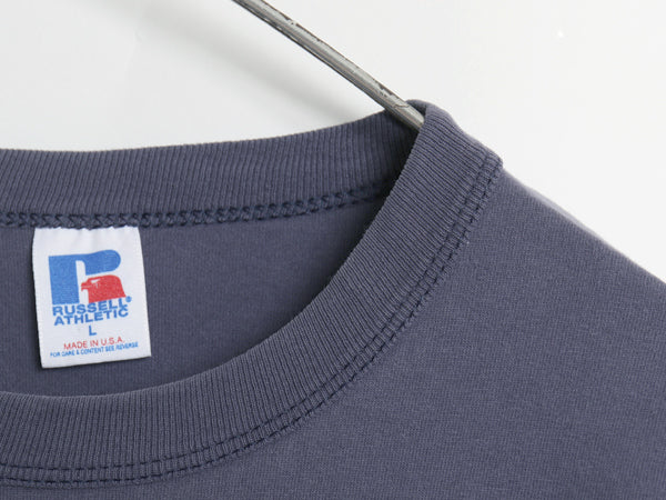 90s USA製 ラッセル 星条旗 プリント Tシャツ メンズ L 古着 オールド グラフィック ロゴ ヘビーウェイト コットン カットソー シンプル 紺