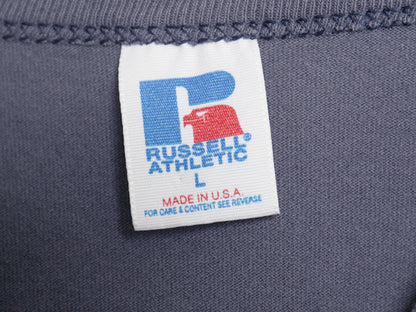 90s USA製 ラッセル 星条旗 プリント Tシャツ メンズ L 古着 オールド グラフィック ロゴ ヘビーウェイト コットン カットソー シンプル 紺