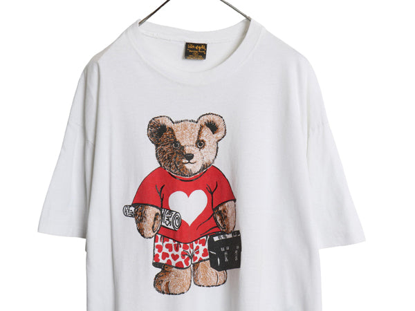 90s USA製 テディベア アート イラスト プリント Tシャツ メンズ レディース XL オールド クマ グラフィック キャラクター 大きいサイズ 白