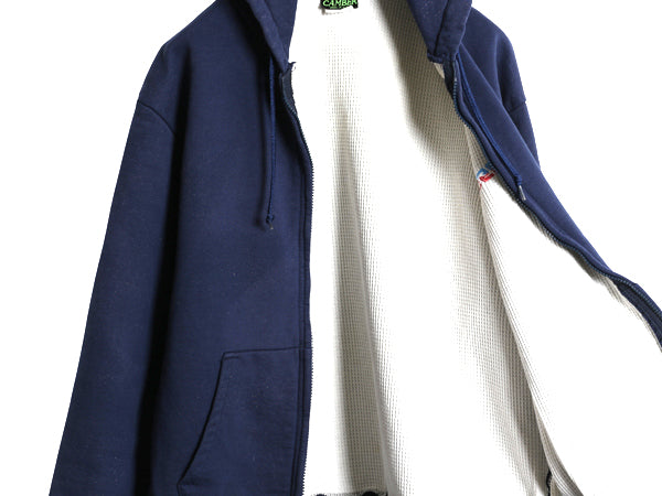 90s USA製 キャンバー 裏 サーマル スウェット フード パーカー メンズ L / オールド トレーナー ヘビーウェイト フルジップ 企業 ネイビー