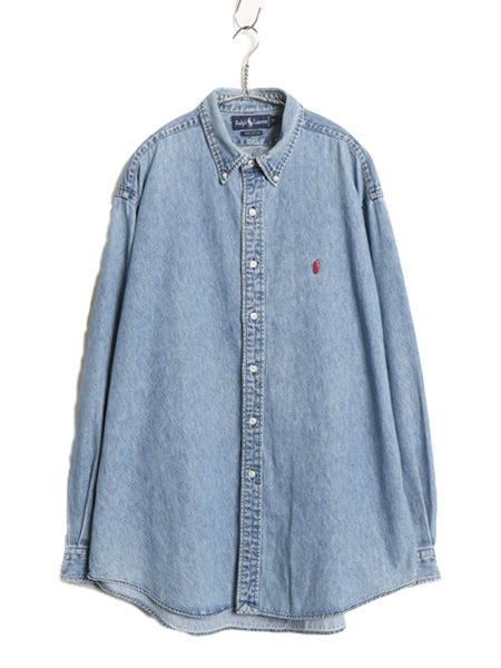 90s ラルフローレン ボタンダウン 長袖 デニム シャツ メンズ XL / 古着 オールド ポロ 長袖シャツ ワンポイント 大きいサイズ カジュアル