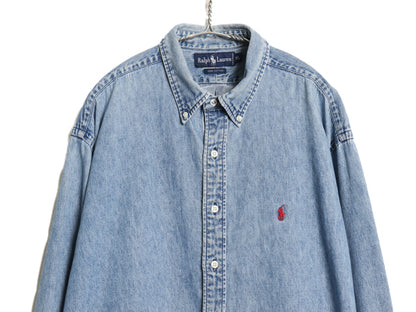 90s ラルフローレン ボタンダウン 長袖 デニム シャツ メンズ XL / 古着 オールド ポロ 長袖シャツ ワンポイント 大きいサイズ カジュアル