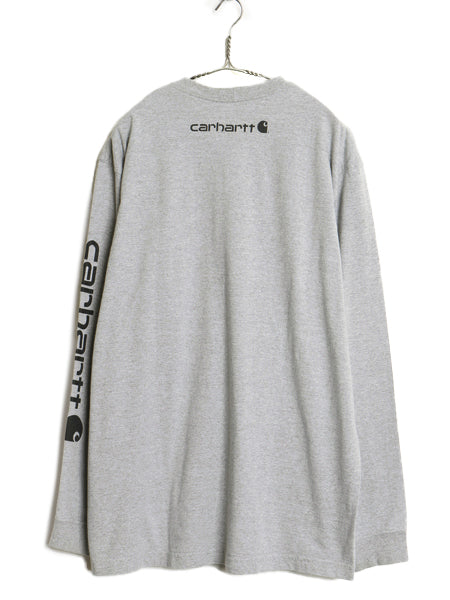 カーハート 袖 プリント 長袖 Tシャツ メンズ XL ロンT ヘビーウェイト コットン クルーネック ロングスリーブ カットソー 大きいサイズ 灰