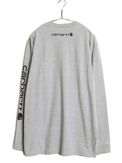 カーハート 袖 プリント 長袖 Tシャツ メンズ XL ロンT ヘビーウェイト コットン クルーネック ロングスリーブ カットソー 大きいサイズ 灰