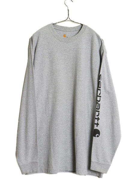 カーハート 袖 プリント 長袖 Tシャツ メンズ XL ロンT ヘビーウェイト コットン クルーネック ロングスリーブ カットソー 大きいサイズ 灰