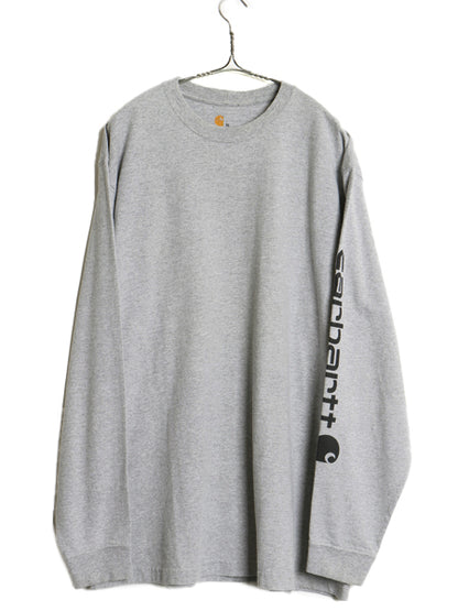 カーハート 袖 プリント 長袖 Tシャツ メンズ XL ロンT ヘビーウェイト コットン クルーネック ロングスリーブ カットソー 大きいサイズ 灰