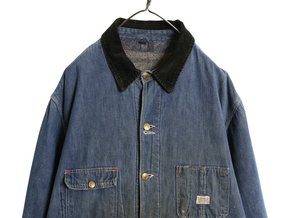 60s USA製 ★ シアーズ デニム カバーオール ジャケット メンズ L 古着 ヴィンテージ ワーク 襟 コーデュロイ ブランケット ライナー付き
