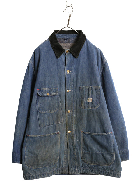 60s USA製 ★ シアーズ デニム カバーオール ジャケット メンズ L 古着 ヴィンテージ ワーク 襟 コーデュロイ ブランケット ライナー付き