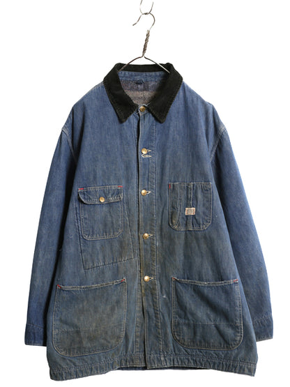 60s USA製 ★ シアーズ デニム カバーオール ジャケット メンズ L 古着 ヴィンテージ ワーク 襟 コーデュロイ ブランケット ライナー付き