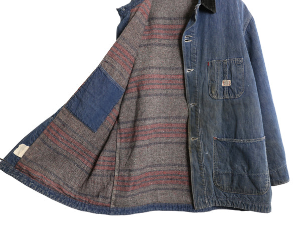 60s USA製 ★ シアーズ デニム カバーオール ジャケット メンズ L 古着 ヴィンテージ ワーク 襟 コーデュロイ ブランケット ライナー付き