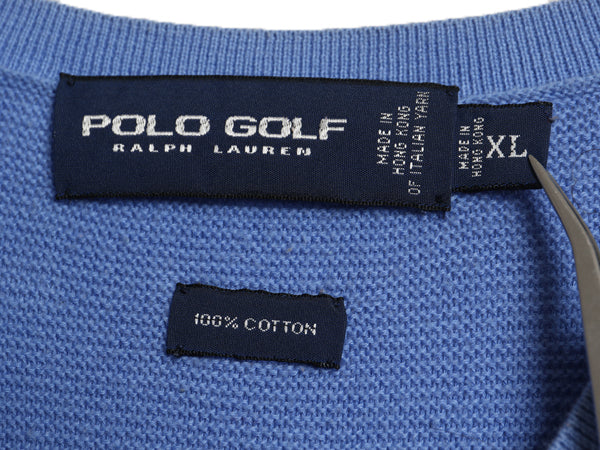 90s ポロゴルフ ラルフローレン コットン ニット ベスト メンズ XL オールド ポロ Vネック セーター 重ね着 ワンポイント 大きいサイズ 青
