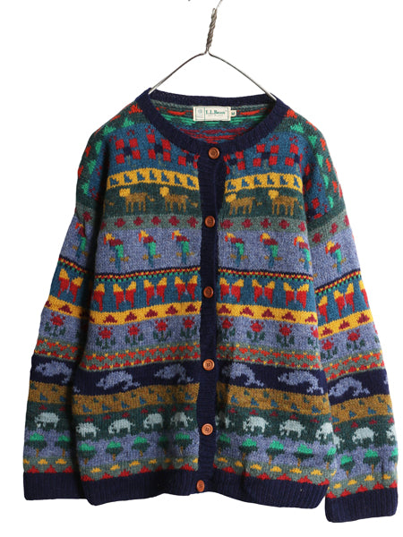 80s エルエルビーン デザイン ニット カーディガン レディース M / ヴィンテージ ウール 前開き 羽織り イラスト アニマル 絵柄 バーズアイ
