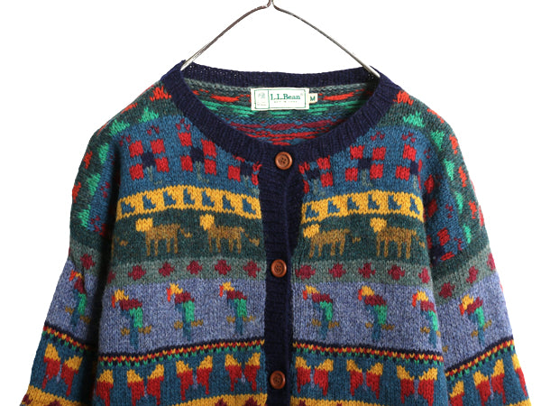 80s エルエルビーン デザイン ニット カーディガン レディース M / ヴィンテージ ウール 前開き 羽織り イラスト アニマル 絵柄 バーズアイ