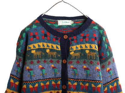 80s エルエルビーン デザイン ニット カーディガン レディース M / ヴィンテージ ウール 前開き 羽織り イラスト アニマル 絵柄 バーズアイ