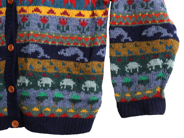 80s エルエルビーン デザイン ニット カーディガン レディース M / ヴィンテージ ウール 前開き 羽織り イラスト アニマル 絵柄 バーズアイ