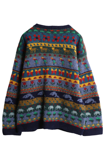 80s エルエルビーン デザイン ニット カーディガン レディース M / ヴィンテージ ウール 前開き 羽織り イラスト アニマル 絵柄 バーズアイ