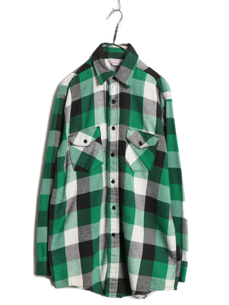 70s USA製 ★ FROSTPROOF ブロック チェック ヘビー フランネル シャツ メンズ XL ヴィンテージ 長袖シャツ ネルシャツ コットン 緑 黒 白