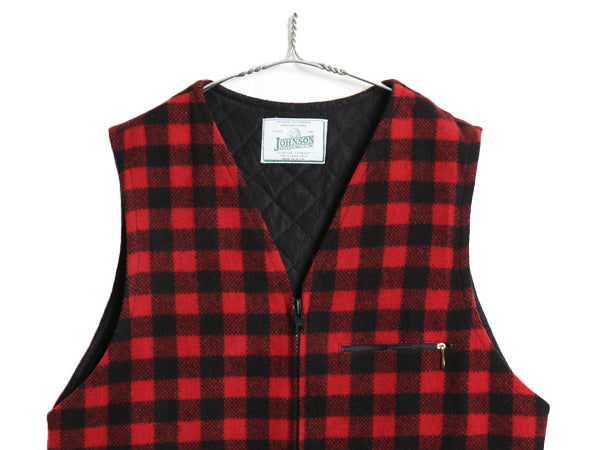 90s USA製 ジョンソン ウール ベスト メンズ L / オールド フルジップ 中綿 キルティング 前開き 重ね着 ブロック チェック 黒 赤 ツートン