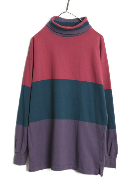90s USA製 ランズエンド タートルネック ボーダー 長袖 Tシャツ メンズ L / オールド ロンT ストレッチ コットン カットソー マルチカラー