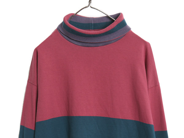 90s USA製 ランズエンド タートルネック ボーダー 長袖 Tシャツ メンズ L / オールド ロンT ストレッチ コットン カットソー マルチカラー