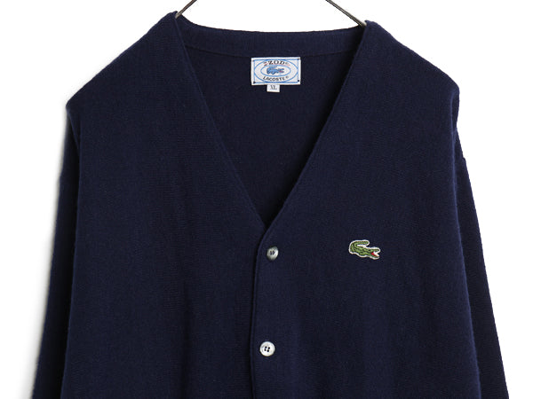 70s 80s ラコステ アクリル ニット カーディガン メンズ レディース XL 古着 ヴィンテージ 羽織り 前開き セーター 大きいサイズ ネイビー