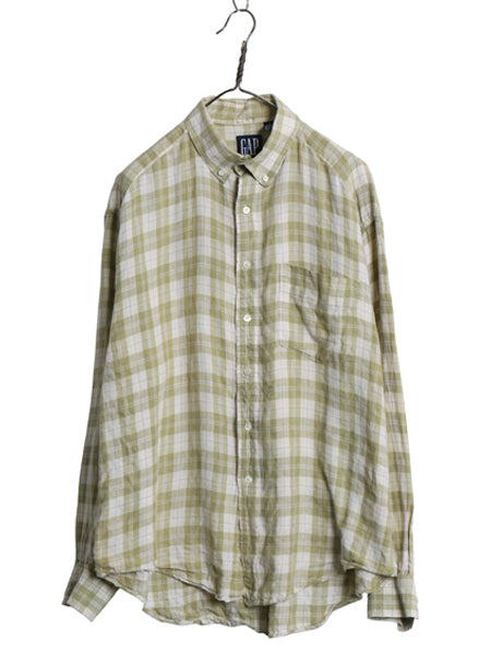 90s オールド ギャップ チェック 長袖 ボタンダウン シャツ メンズ XL 長袖シャツ デカタグ 100% リネン 麻 高級 カジュアル 大きいサイズ