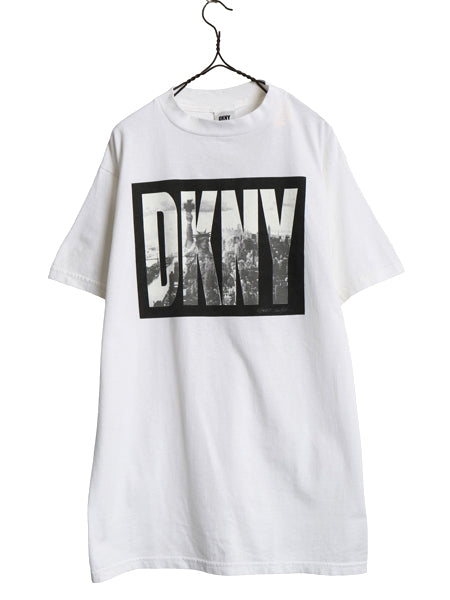 00s USA製 ☆ DKNY ダナキャラン ロゴ プリント Tシャツ メンズ XL 程 古着 オールド フォト グラフィック シングルステッチ 白 モノトーン